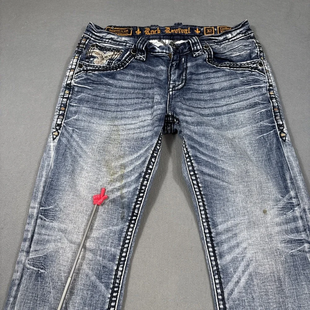 Men's 32 Rock Revival Jeans Clifford Straight 0855 WHISKERING THICKS STITCH